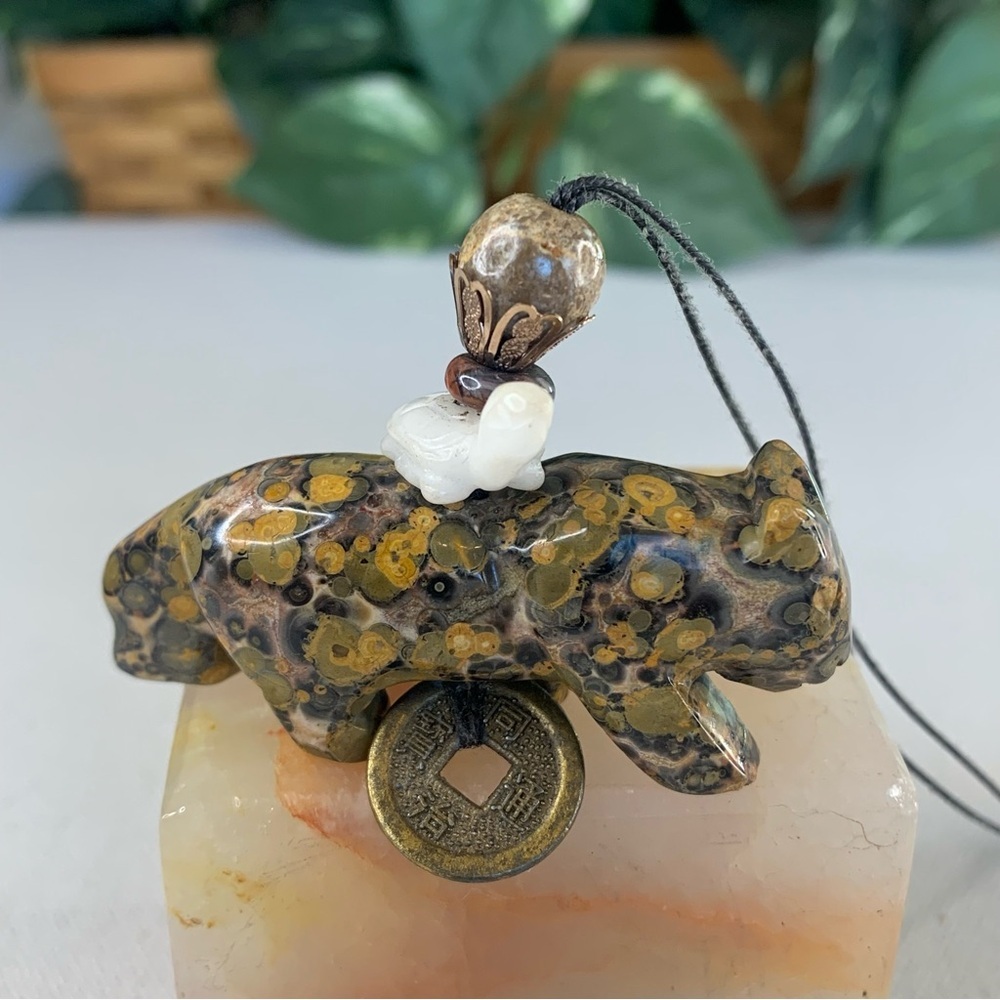 Leopard Skin Jasper Carved Leopard Pendant Necklace Chinese Feng Shui Coin 28" - Picture 8 of 16